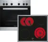 A split image showing a Siemens oven on the left and a Siemens electric hob on the right. Produktbild-Vorschau