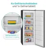 An open freezer with food items inside, with a close-up inset showing details of the freezer drawers and a shelf. Produktbild-Vorschau