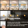 Collage showing different light settings and brightness levels of a modern ceiling lamp, with instructions on how to operate it. Produktbild-Vorschau