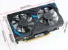 A computer graphics card with two fans, shown from a diagonal angle on a white background. Dimensions are indicated with red lines and text. Produktbild-Vorschau