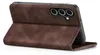 A brown leather flip case for a smartphone is shown from a side angle, with the front cover folded open. Produktbild-Vorschau