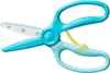 A pair of turquoise and light blue training scissors with a yellow safety lock. Voir les images du produit