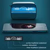 A smartphone and a pair of wireless earbuds charging case are displayed on a textured blue background, with a reflection of the smartphone screen showing music playback. Produktbild-Vorschau