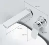 A diagram showing the dimensions of a wall-mounted faucet and its control handle, placed over a white sink. Produktbild-Vorschau