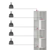 A white corner bookshelf with weight limit indicators for each shelf. Náhled obrázku produktu