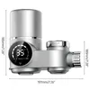 A silver water filter faucet attachment with a digital display showing temperature and filter life. Produktbild-Vorschau