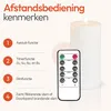 An image showing a white LED candle and a remote control with its features explained through numbered points and text. Produktbild-Vorschau