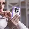 A woman is holding a smartphone with a purple and white case, looking at the screen. Produktbild-Vorschau
