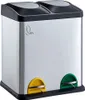 A silver, dual-compartment trash can with black lids and colored pedal levers. Produktbild-Vorschau