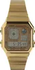 A close-up, front-facing studio shot of a gold-colored digital watch against a white background. Voir les images du produit