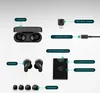 An infographic showing the components of a set of wireless earbuds and their accessories, with labels in German. Produktbild-Vorschau