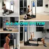 A collage of images showing a multi-functional home gym system being used by different people for various exercises. Produktbild-Vorschau