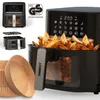 A product collage showing an air fryer, its accessories, and parchment paper liners. Produktbild-Vorschau