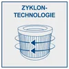 An illustration of a cylindrical filter with arrows indicating a cyclonic motion, accompanied by text. Anteprima dell’immagine prodotto