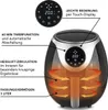 A black air fryer with a digital display and feature callouts. Produktbild-Vorschau