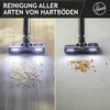 A split image showing a vacuum cleaner head with LED lights cleaning debris from two different hard floor surfaces. Produktbild-Vorschau