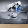 A robot vacuum cleaner is shown climbing over obstacles of varying heights, with text highlighting its capabilities. Produktbild-Vorschau
