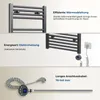 Collage of images showing different aspects of an electric towel warmer, including its design, heating element, and connection cable. Voir les images du produit