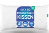 A white pillow with a blue label on it. Produktbild-Vorschau
