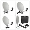 A collage of four images showing different views and components of a portable satellite dish kit. Produktbild-Vorschau