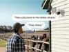 A man in a farm setting looks towards a security camera mounted on a building, with horses in the background. Speech bubbles indicate a conversation. Náhľad obrázku produktu