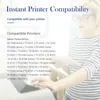 A woman is holding a tablet and standing next to a printer, with text overlay about printer compatibility. Produktbild-Vorschau