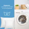 A washing machine with pillows and laundry basket on top, with care instructions on a blue background. Produktbild-Vorschau