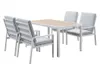 A white aluminum dining set with tan wood-look slats, consisting of a rectangular table and four chairs, is shown against a white background. Produktbild-Vorschau