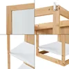 Collage showing details of a wooden shelf unit with white shelves. Náhľad obrázku produktu