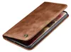 A brown leather flip case for a smartphone is shown against a white background. Produktbild-Vorschau