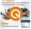 Marketing image for QUEST PVC profiles, featuring a logo, text, and images of product usage and certification. Anteprima dell’immagine prodotto