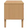 A side view of a wooden TV cabinet with four legs. Podgląd zdjęcia produktu