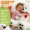 A baby hugging a large white teddy bear, with text overlays describing the teddy bear's features. Anteprima dell’immagine prodotto