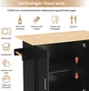A close-up view of a black kitchen island with a wooden countertop, showcasing its storage compartments and illustrating various storage possibilities with icons and text. Voir les images du produit