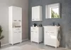 A modern bathroom with white high-gloss furniture against a geometric patterned wall. Podgląd zdjęcia produktu
