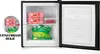 An open mini-refrigerator with food items inside, including frozen peas and berries. Náhľad obrázku produktu
