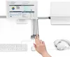 A hand is shown interacting with a KVM switch connected to a monitor, laptop, keyboard, mouse, and headphones. Anteprima dell’immagine prodotto