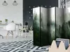 A room divider with a forest scene is placed in a modern dining area with white brick walls and a black accent wall. Produktbild-Vorschau