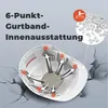 An illustration of the inside of a white hard hat, showing its 6-point suspension system, with arrows indicating impact absorption. A small inset image shows small white pellets, likely representing the material of the helmet. The background is a cracked g Produktbild-Vorschau
