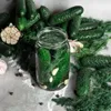 A glass jar filled with pickles and dill, surrounded by fresh cucumbers, garlic, and dill sprigs on a textured surface. Produktbild-Vorschau