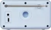 The back view of a light blue portable radio with an extended antenna and ports for audio input and power. Náhled obrázku produktu