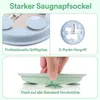 Collage of close-up images and a hand demonstrating a suction cup feature of a baby plate. Produktbild-Vorschau
