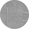 A round, gray rug with a geometric pattern of lines and arcs. Voir les images du produit