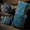 A blue leather wallet-style phone case with a zipper and card slots, shown from multiple angles. Produktbild-Vorschau