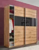 A wardrobe with sliding doors, partially open to show clothes and shelves inside. Produktbild-Vorschau