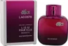 Lila-pinker Flakon Lacoste L.12.12 Pour Elle Magnetic steht neben passender Verpackung mit Krokodil-Logo und weißer Schrift. Produktbild-Vorschau