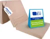 A folded mattress with informational tags and a stand-up sign. Podgląd zdjęcia produktu