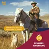 A man rides a white horse through a dry, grassy landscape, with a dog sitting in the foreground. Podgląd zdjęcia produktu