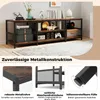 A long, multi-shelf TV stand with various items on display, including books, decorative objects, and electronics. Below the main image are three close-up shots highlighting specific features of the stand. Náhľad obrázku produktu