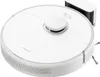 A white robot vacuum cleaner with a charging dock in the background, shown from a top-down angle against a white background. Voir les images du produit